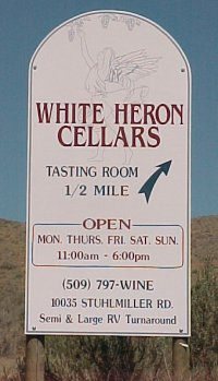 White Heron Cellars Sign, wine, vineyard, vinyards, washington wines, Chantepierre, Rose', Cabernet Sauvignon, Cabernet Franc, Malbec, Petit Verdot, Pinot Noir, Gamy, Syrah, Rousanne, Viognier, merlot